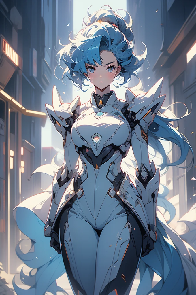 hoshi, gundam girl, jumpsuit, futuristic armor, sinuous, blue hair, glowing eyes,  wide hips