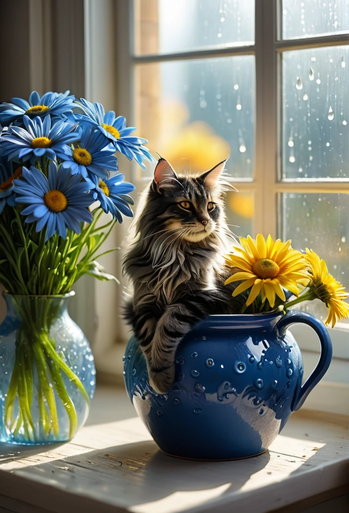 Intricate details, detailed, realism, a close up floral of Blue daisy's bouquet on pot under large window. combination blue mix yellow color. There is a cute fatty Cat((Mainecoon)) sleeping near a Pot/ vase. The first rays of sunlight in the morning,Dew drops on flowers on the vas,(sunrise,Halo),Beautiful picture,HD Wallpapers,Natural light, dramatic, Source reality, additionally letter "MneverMore" visible at there