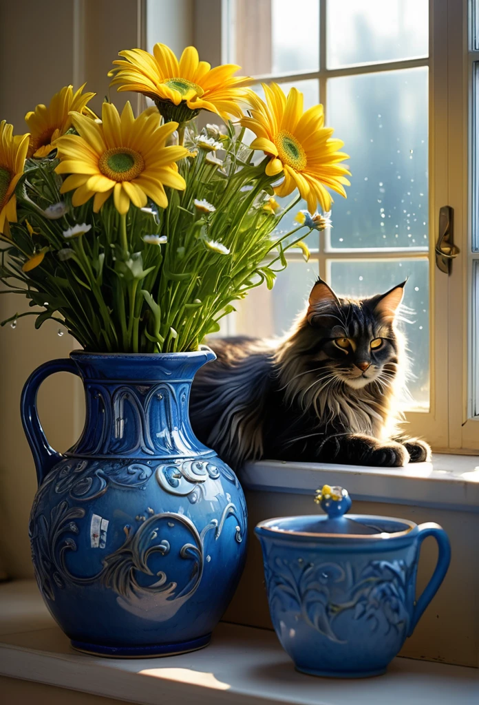 Intricate details, detailed, realism, a close up floral of Blue daisy's bouquet on pot under large window. combination blue mix yellow color. There is a cute fatty Cat((Mainecoon)) sleeping near a Pot/ vase. The first rays of sunlight in the morning,Dew drops on flowers on the vas,(sunrise,Halo),Beautiful picture,HD Wallpapers,Natural light, dramatic, Source reality, additionally letter "MneverMore" visible at there