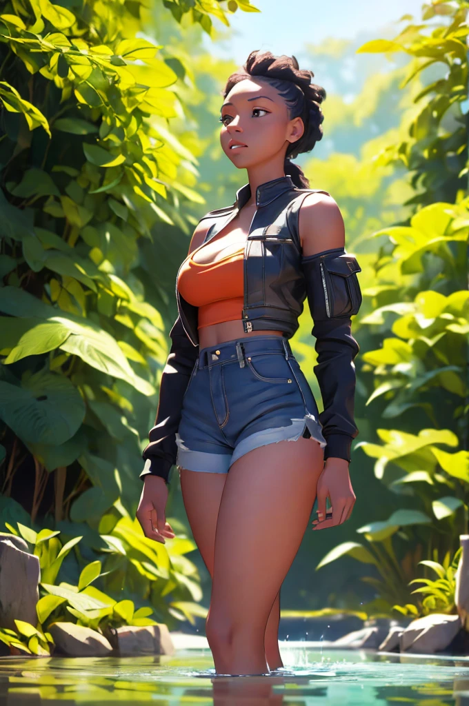 maozonia indigenous girl, 18 years old, bathing in a river, in the middle of the forest, a jaguar watching from afar, sad, Clockpunk, Gamercore, street level view, Blender rendering, 100mm, Sculpture, iridescent colors, Medicalcore, strobe lighting, ultra realistic, photorealistic, octane render, unreal engine, hyper detailed, volumetric lighting, hdr, octane render, fantasy 4k 8K