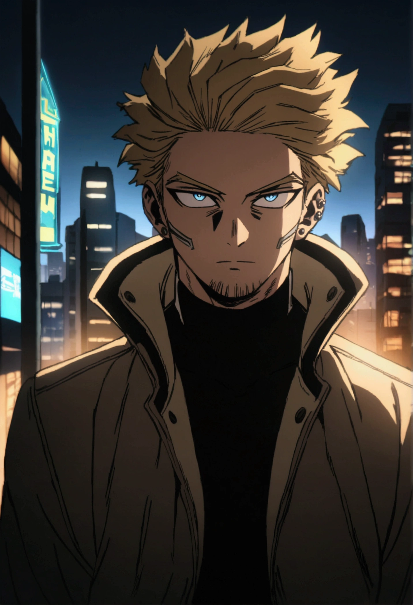  A man, blond hair, piercing blue eyes, detailed facial features, handsome, well-groomed, distinguished, confident expression, wearing a "My Hero Academia" jacket  , urban city background, my hero academy art style, boku no hero art , 8k, high quality, masterpiece, dramatic lighting, cinematic, vivid colors