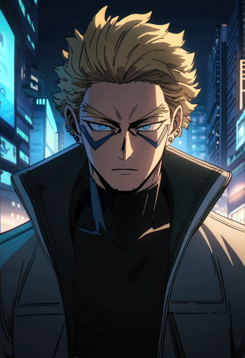  A man, blond hair, piercing blue eyes, detailed facial features, handsome, well-groomed, distinguished, confident expression, wearing a "My Hero Academia" jacket  , urban city background, my hero academy art style, boku no hero art , 8k, high quality, masterpiece, dramatic lighting, cinematic, vivid colors