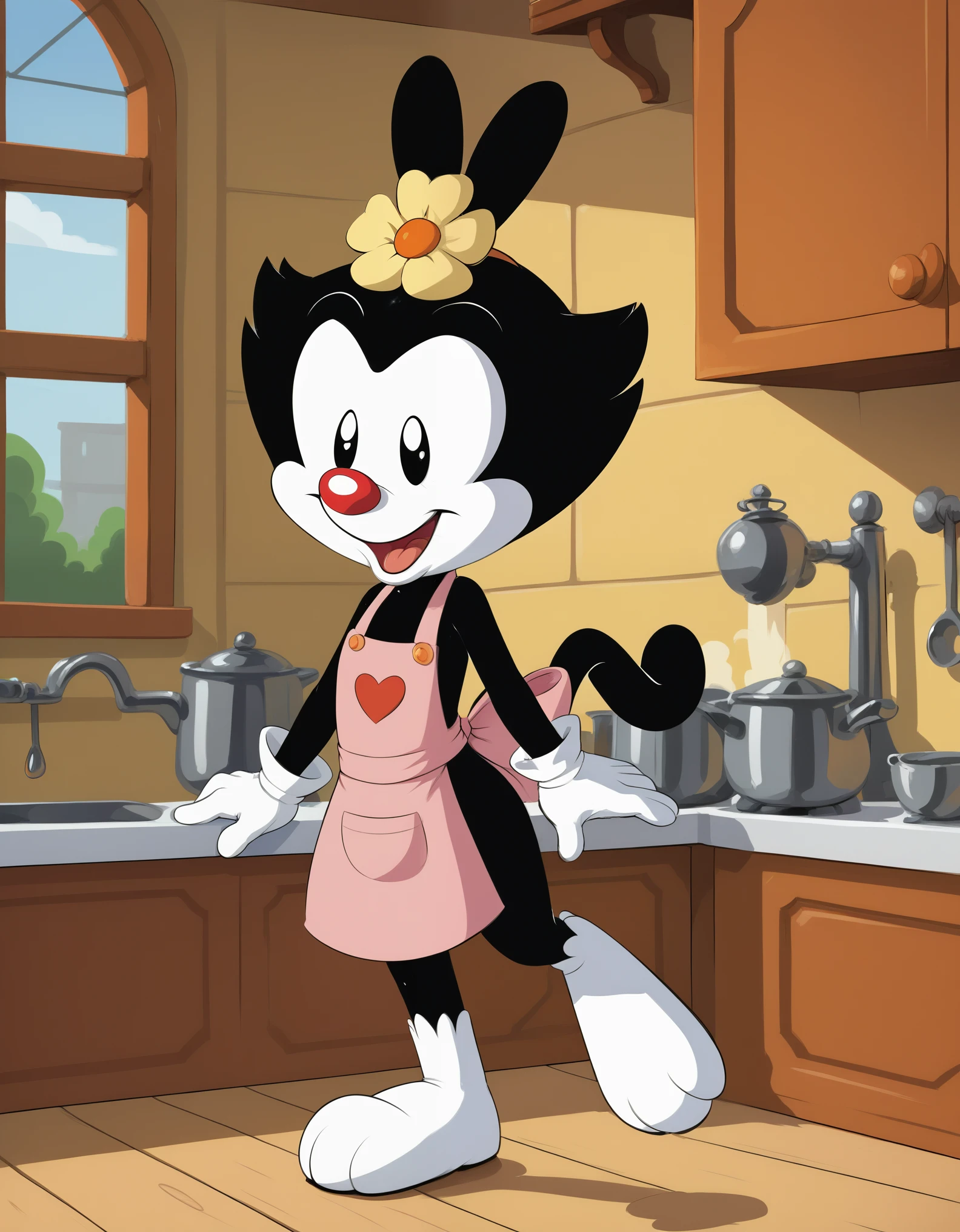 score_9, score_8_up, score_8, furry, solo, 1girl, animal ears, d0tw4n3r, hair ornament, hair flower, white gloves, tail, apron, uniform,