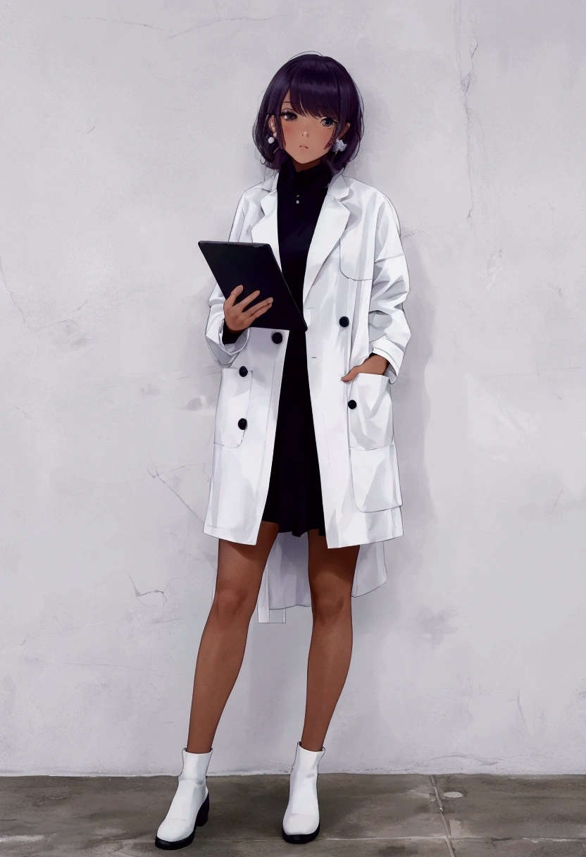 arafed woman in a White coat and black dress holding a tablet, White coat, dressed in an old White coat, Multi-pocket windbreaker, wearing a white Laboratory work clothes, wearing Laboratory work clothes, Laboratory work clothes, Short skirt and long jacket, wearing a Laboratory work clothes, White jacket, Laboratory work clothes, wearing Laboratory work clothes and a blouse, wearing a Laboratory work clothes