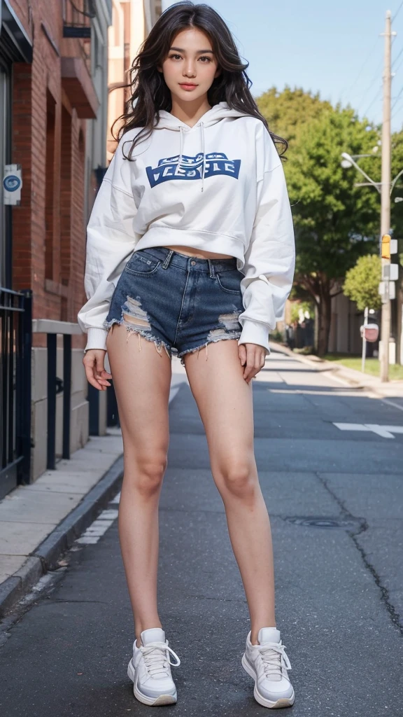 Masterpiece, best quality, awards winning photograph, 1girl, extremely beautiful, wavy hair, hair blown by strong winds, college girl, navy hoodie-zip jacket, tight white shirt, blue jeans, ((sneakers)), fit body, small breasts, big booty, ((full body:1.3)), posing in the middle, from below, walking at the street,