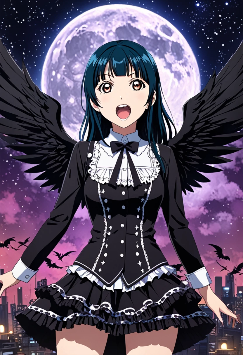 Please draw Tsushima Yoshiko (Yohan), a character from the anime "Love Live! Sunshine!!". She is in her signature dark angel pose, shouting her catchphrase, "Fallen angel Yohane has descended!" Her outfit should be dark gothic ta style, with a black and purple design. In the background, a full moon and stars shining in the night sky create a mysterious atmosphere. The overall style should have vivid, clear lines and colorful colors in the anime style. Oil painting style, dark and heavy colors, unnatural poses and expressions, rough brushstrokes, futuristic gadgets and sci-fi elements, monochrome and sepia tones.