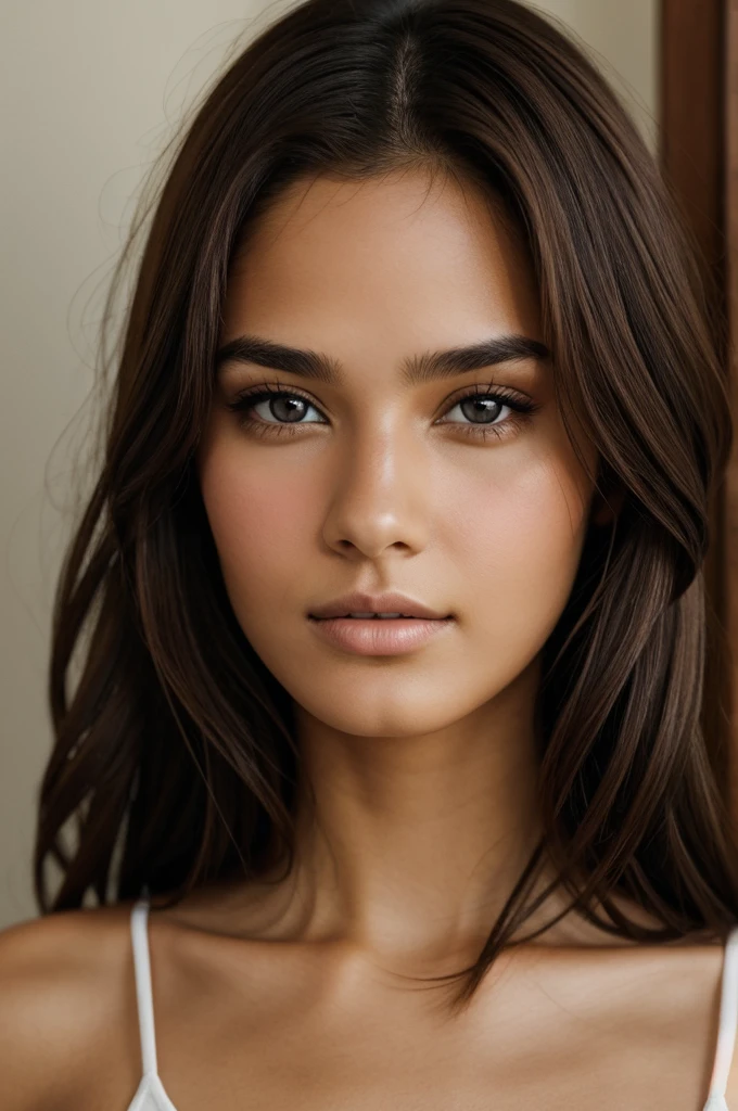 Half face portrait of a beautiful model with brown eyes and brown hair