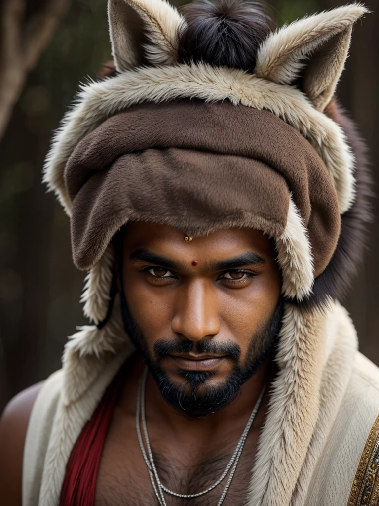 an Indian with wolf's skin on his head
