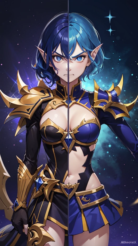  (1girl, blue hair, short hair, spiral eyes, angry, clenched teeth) (digital) (looking at viewer) (upper body) (standing), (Dark Purple Sparkling Forest background), (short skirt)) , best quality, pointy ears, colored skin, blue skin, glowing, cleavage, armor, navel, Abdomen, voidelf,