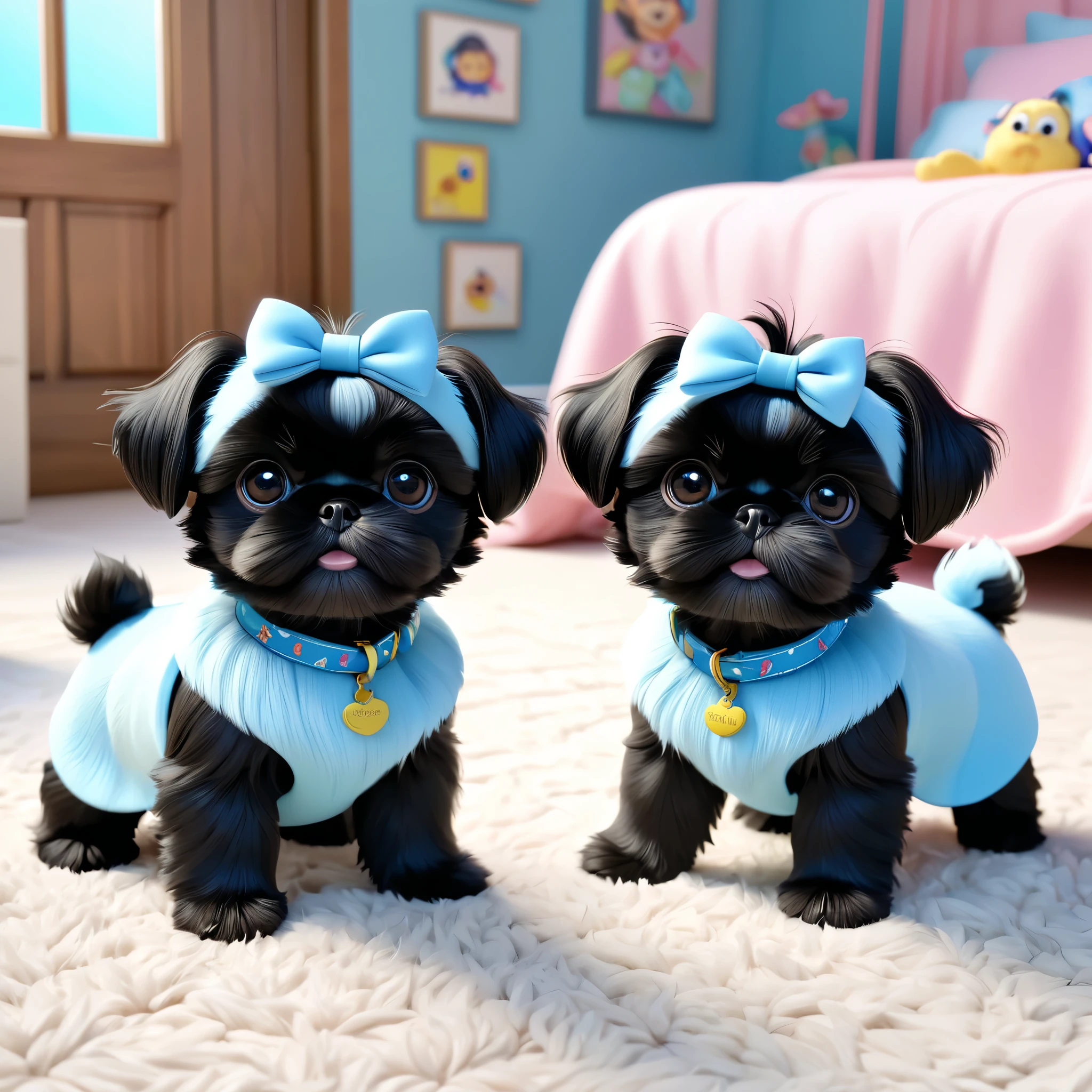 2 adorable small black shih tzu puppies,wearing light blue collars,Disney toy room,3d cartoon,3d render,disney pixar style,(best quality,4k,8k,highres,masterpiece:1.2),ultra-detailed,(realistic,photorealistic,photo-realistic:1.37),cute,playful,messy,mischievous,extremely detailed eyes and face,longeyeLashes,soft fur,plush,toy-filled room,bright colors,whimsical,magical,imaginative