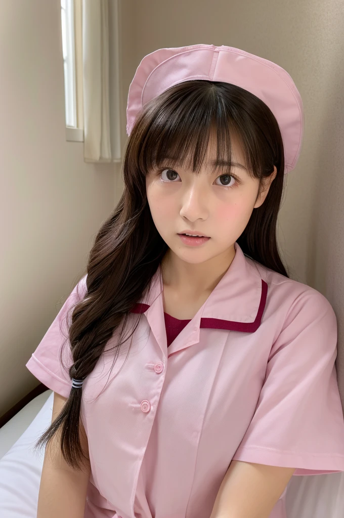 ((highest quality, masterpiece :1.3)), Photorealistic、Ultra-high resolution、Natural skin texture、Hyperrealism、Reflection from the waist up、Beautiful Japanese girl in her early 、One girl、Larger breasts、Pink nurse uniform、Lying in bed、Frightened expression、Tears flowing