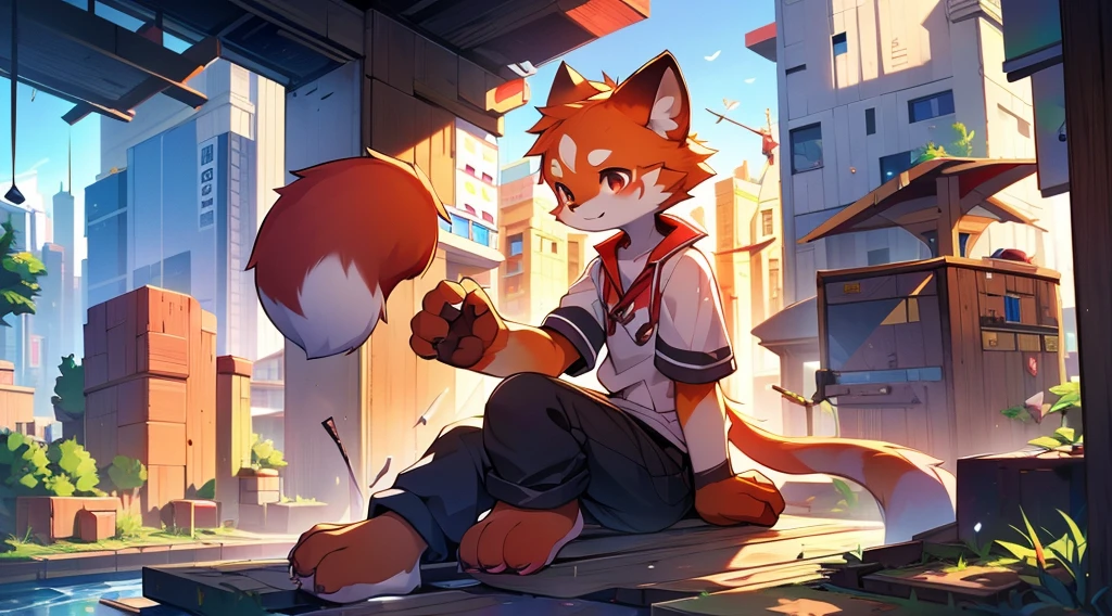 Red Panda Boy,8k resolution,Furry,          Uniform attire,Red collar,feetは二つ,feetで立つ！                   towering,lanky,lanky,：slim body,：tall hands,feet,It's bright outside,Port cities,Collapsed City,building,broken