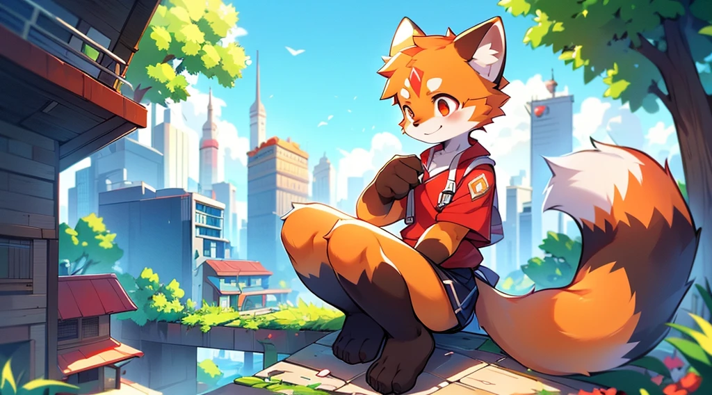 Red Panda Boy,8k resolution,Furry,          Uniform attire,Red collar,feetは二つ,feetで立つ！                   towering,lanky,lanky,：slim body,：tall hands,feet,It's bright outside,Port cities,Collapsed City,building,broken