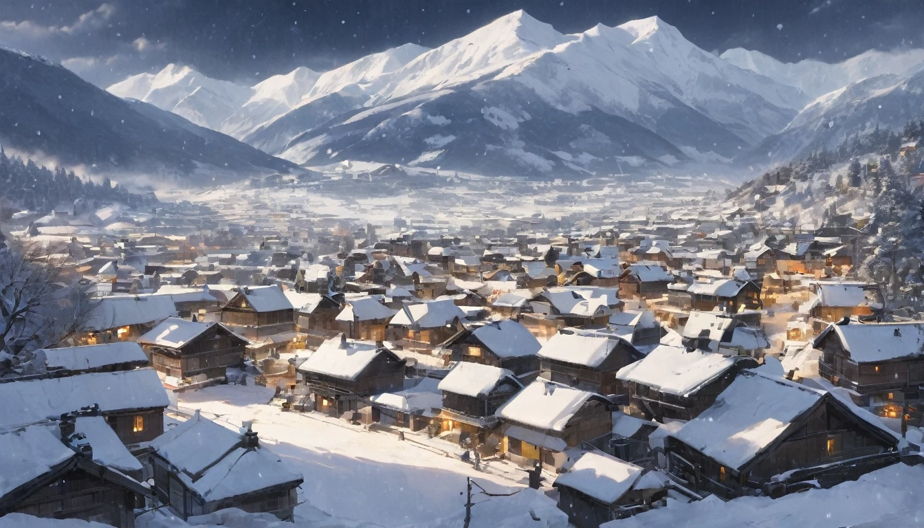 a scene of an image of a mountain village covered in snow and mountains behind, snow, letterboxed, scenery, dark sky, snowstorm