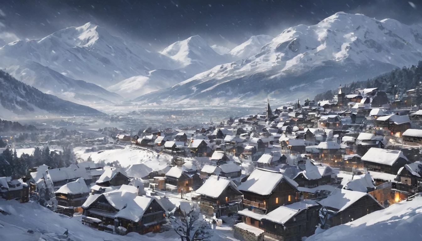 a scene of an image of a mountain village covered in snow and mountains behind, snow, letterboxed, scenery, dark sky, snowstorm