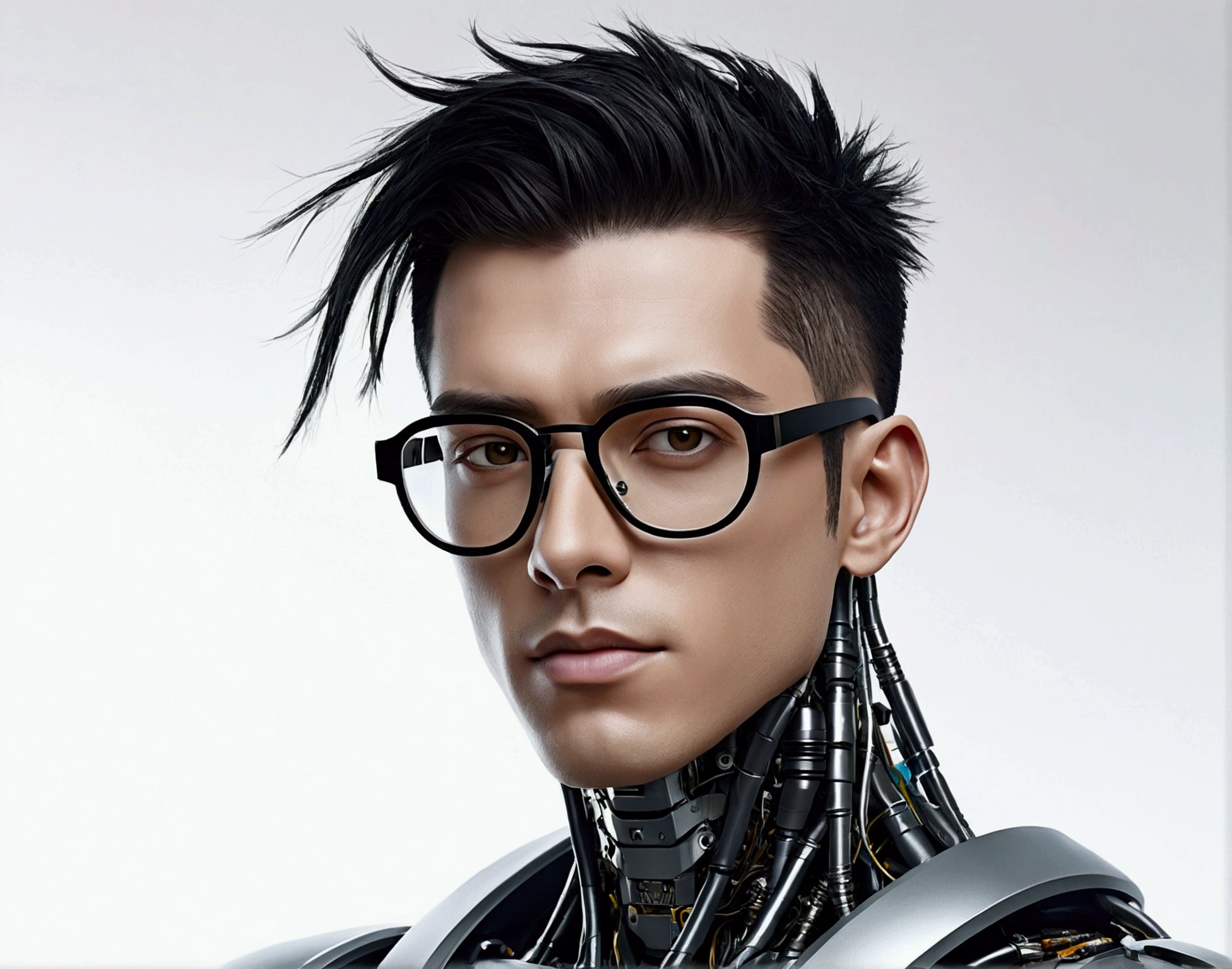Male robot body hair with black-rimmed glasses with undercut hair, look to the camera ::futuristic cyberpunk style ,realistic styling ::n_digital painting style, robotic parts, face perfect::seed 1、Black Edged Hair、large nose、Black-based clothing, photo by full body, White background