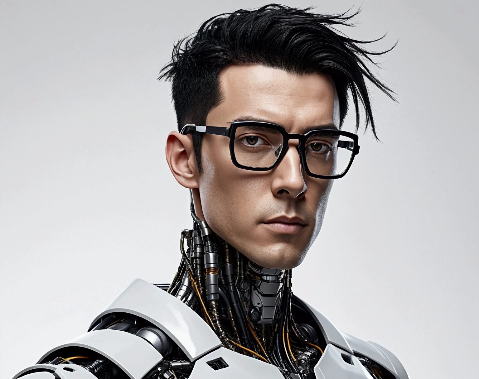 Male robot body hair with black-rimmed glasses with undercut hair, look to the camera ::futuristic cyberpunk style ,realistic styling ::n_digital painting style, robotic parts, face perfect::seed 1、Black Edged Hair、large nose、Black-based clothing, photo by full body, White background