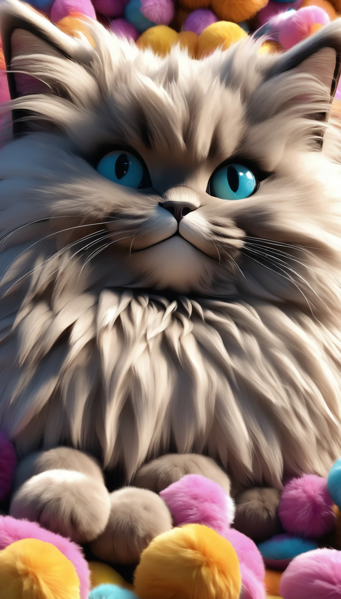 a giant fluffy cat, highly detailed, furry, soft, plush texture, photorealistic, intricate details, realistic fur, whiskers, paws, pads, claws, eyes with highlights, adorable, cute, fluffy, huggable, 8k, photorealistic, hyper detailed, masterpiece, studio lighting, cinematic lighting, dramatic shadows, vibrant colors, rich textures, clean lines, sharp focus, lifelike