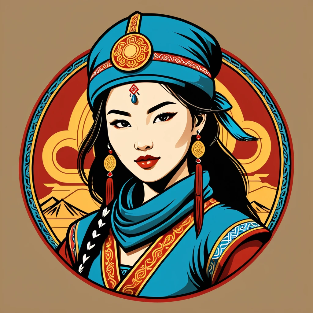female thief in mongolian folk outfit, vector graphics, strong contours, logo design