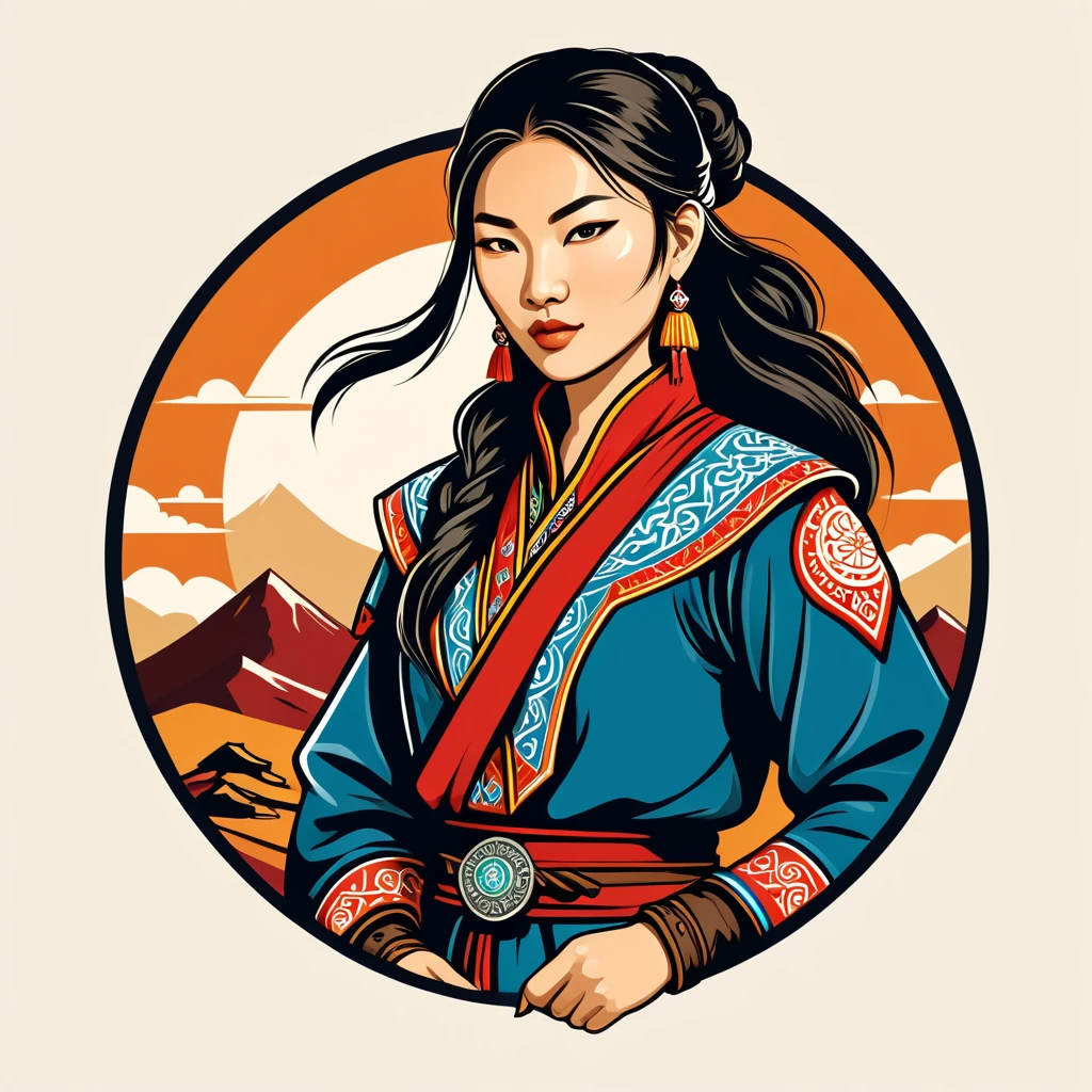 female thief in mongolian folk outfit, vector graphics, strong contours, logo design