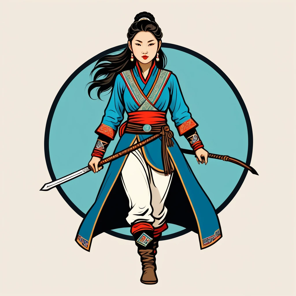 female thief in mongolian folk outfit, vector graphics, strong contours, logo design