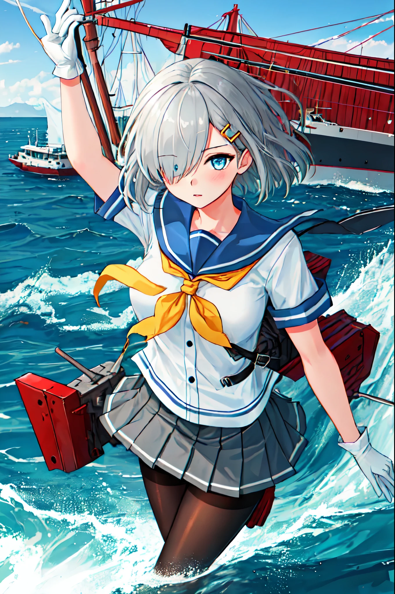 best quality, masterpiece, highres, solo, {hamakaze_kantaicollection:0.90}, 1girl, black_pantyhose, pleated_skirt, serafuku, short_sleeves, simple_background, white_background, yellow_neckerchief, white_gloves, looking_at_viewer, grey_skirt, blush, eyes_visible_through_hair, blue_sailor_collar, dynamic_posing,long_bangs,hair_over_one_eye,harbor_school_landscape_background,outdoor,