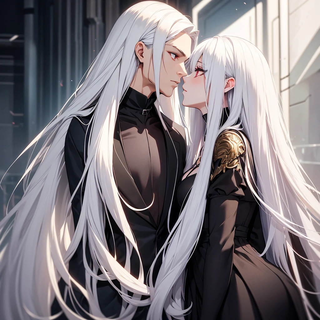 make two characters kiss: a girl with long white hair and red eyes, black dress with low neckline and a man taller than her, short white hair and golden eyes, both in futuristic clothes