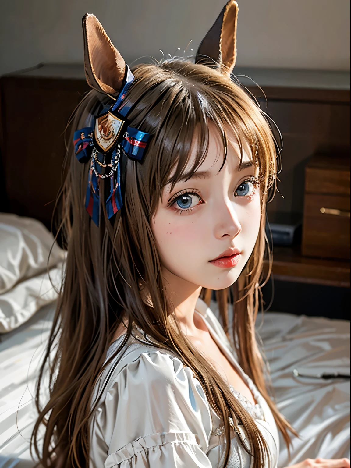 grass wonder \(umamusume\), 1 girl, Solo, Cute Girl,Best Quality, Ultra-detailed, 8K, High resolution, detailed face, sitting on the bed, negligee,
