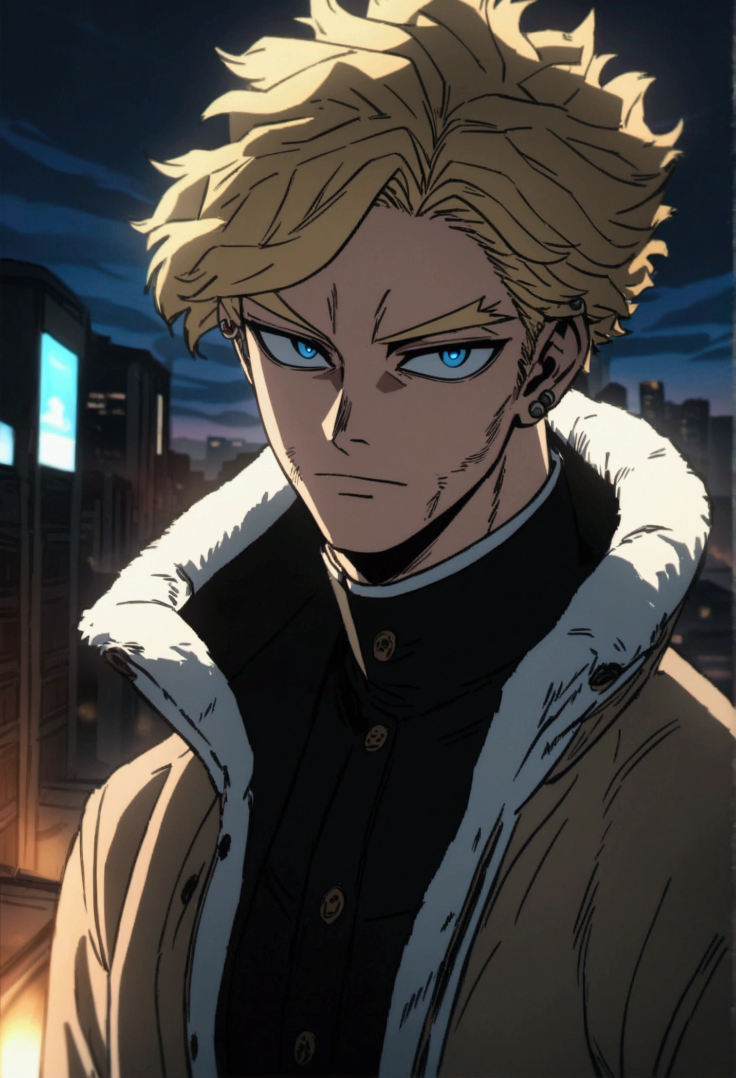  A man, blond hair, piercing blue eyes, detailed facial features, handsome, well-groomed, distinguished, confident expression, wearing a "My Hero Academia" jacket  , urban city background, my hero academy art style, boku no hero art , 8k, high quality, masterpiece, dramatic lighting, cinematic, vivid colors