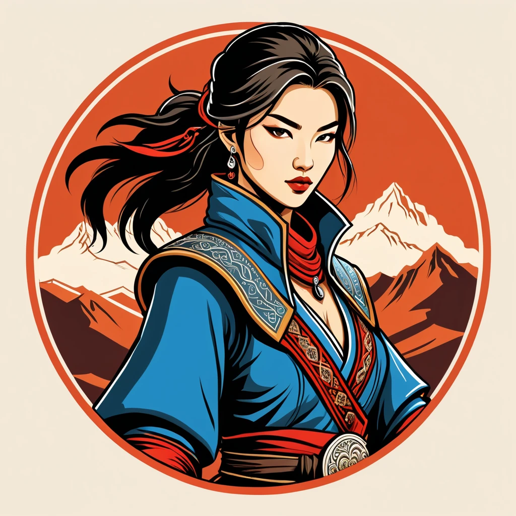 female assassin in mongolian folk outfit, vector graphics, strong contours, logo design
