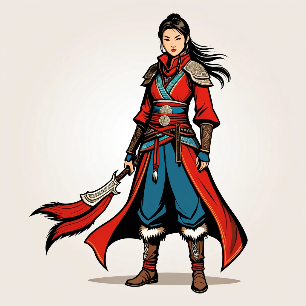 female assassin in mongolian folk outfit, vector graphics, strong contours, logo design