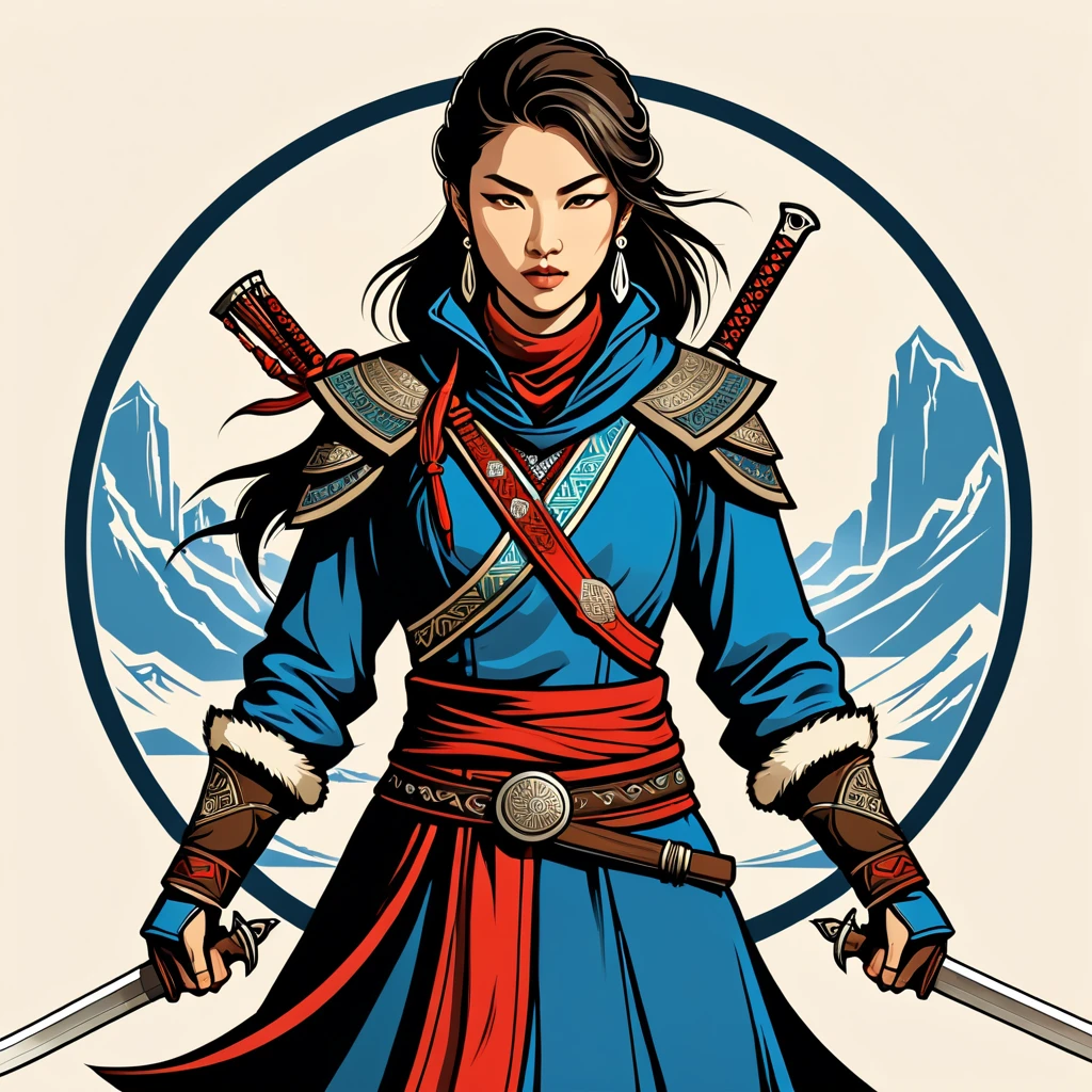 female assassin in mongolian folk outfit, vector graphics, strong contours, logo design
