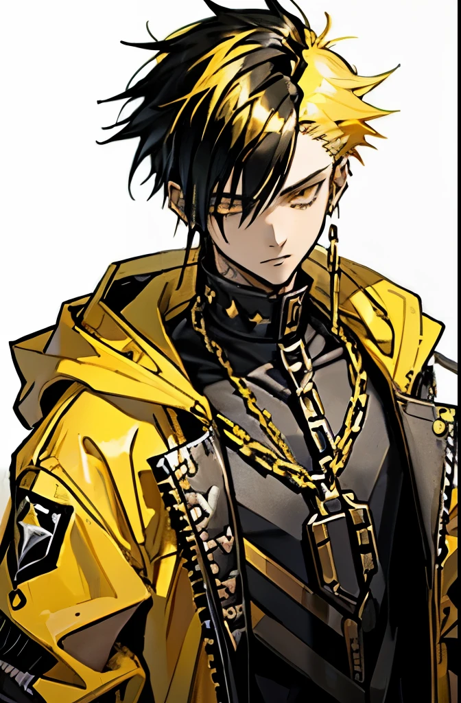 dead inside, split hair yellow black ager 16, gangsta golden chain, vomitboy haircut, hair on both sides black and yellow, split black / yellow hair, messy spiked yellow hair, handsome guy, 16 yng hairstyle, gold chain, Slavic appearance, simple style, hoodie