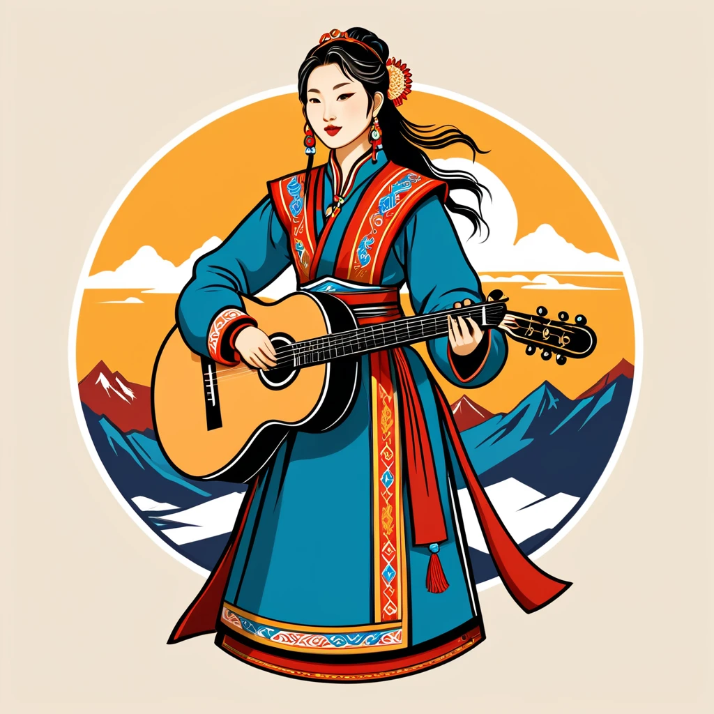 female bard in mongolian folk outfit, vector graphics, strong contours, logo design