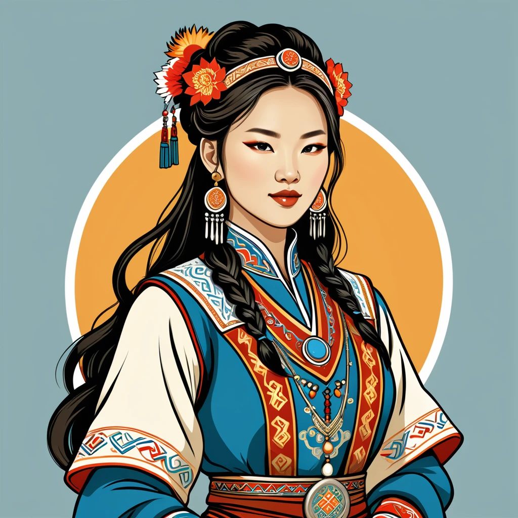 female bard in mongolian folk outfit, vector graphics, strong contours, logo design