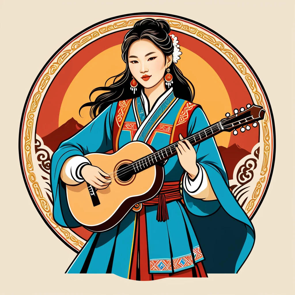 female bard in mongolian folk outfit, vector graphics, strong contours, logo design
