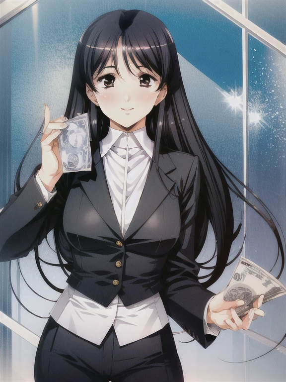 One girl, rich,Black Hair,long hair,suit,smile,Handing over money