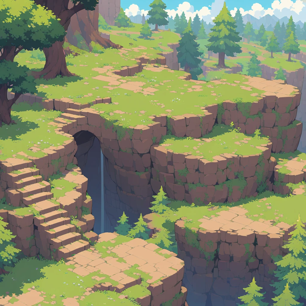 retro video game style,pixelated, vibrant pastel colors,8-bit characters,blocky shapes,sharp lines,detailed shading,classic gaming vibe,nostalgic atmosphere,classic arcade games,masterpiece:1.2,ultra-detailed,illustration style, 2d texture, stone texture, 4 k seamless mud texture, video game texture, dirt texture, tileset, game tiles, grass, 3/4th perspective trees, 3/4th perspective tileable rock texture, 3/4th perspective tileable cliff formations, tileable trees, topdown view, game texture, game art, tileable texture, very detailed cliff texture, intricate stones, top down view, 3/4th perspective