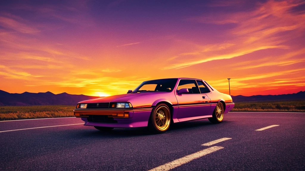 an old 90s car, retro vibe, orange sun, purple sky, photorealistic, 8k, highly detailed, intricate details, dramatic lighting, glowing sunset, vibrant colors, vintage aesthetic, cinematic composition, dramatic perspective, realistic reflections, dust particles, grungy textures, nostalgic mood, warm tones, golden hour lighting