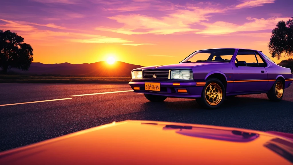 an old 90s car, retro vibe, orange sun, purple sky, photorealistic, 8k, highly detailed, intricate details, dramatic lighting, glowing sunset, vibrant colors, vintage aesthetic, cinematic composition, dramatic perspective, realistic reflections, dust particles, grungy textures, nostalgic mood, warm tones, golden hour lighting