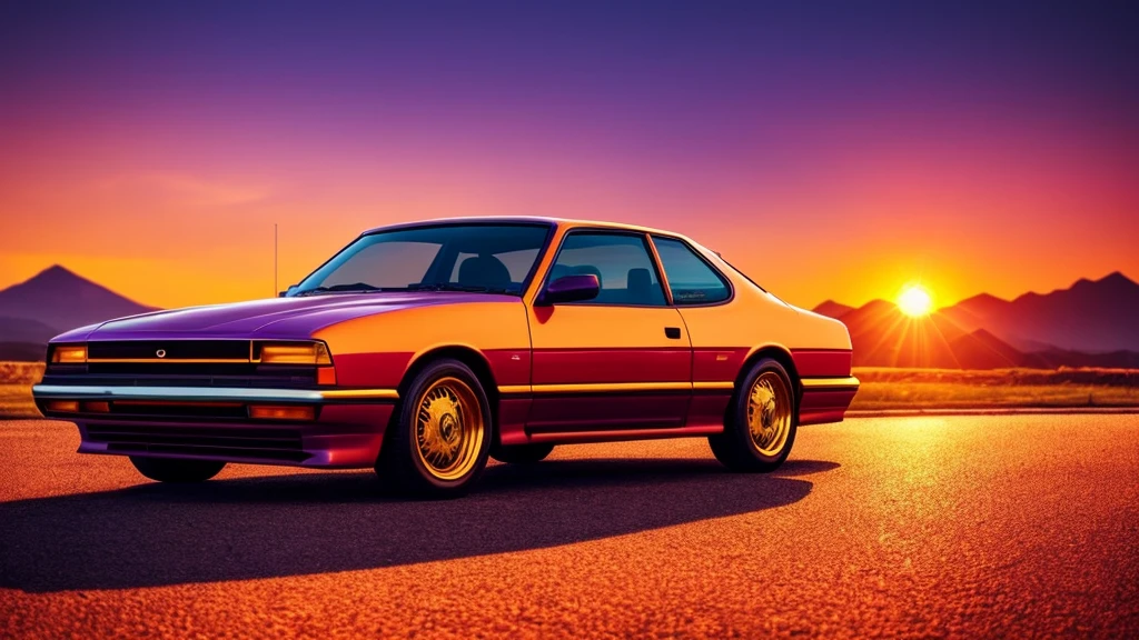 an old 90s car, retro vibe, orange sun, purple sky, photorealistic, 8k, highly detailed, intricate details, dramatic lighting, glowing sunset, vibrant colors, vintage aesthetic, cinematic composition, dramatic perspective, realistic reflections, dust particles, grungy textures, nostalgic mood, warm tones, golden hour lighting