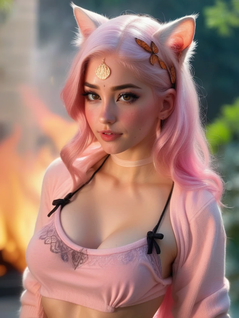 1 girl, standing alone, work of art, a beautiful woman, 20-year-old woman, details Intricate, realisitic, nblurry background, focusing,
Lighting, cinematic,
close up, detailedeyes,
Ablaze hair, Ablaze, Ablaze skin, Ablaze clothes,
pink hair, Cat's ears, pink eyes,
breasts small, topless, perfect vagina,
tattoo's, freckles, butterflys, pretty Delphine roses
