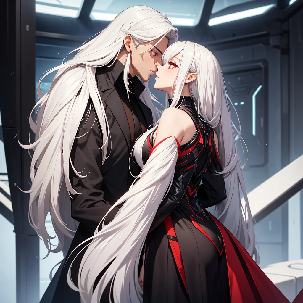 make two characters kiss: a girl with long white hair and red eyes, black dress with low neckline and a man taller than her, short white hair and golden eyes, both in futuristic clothes