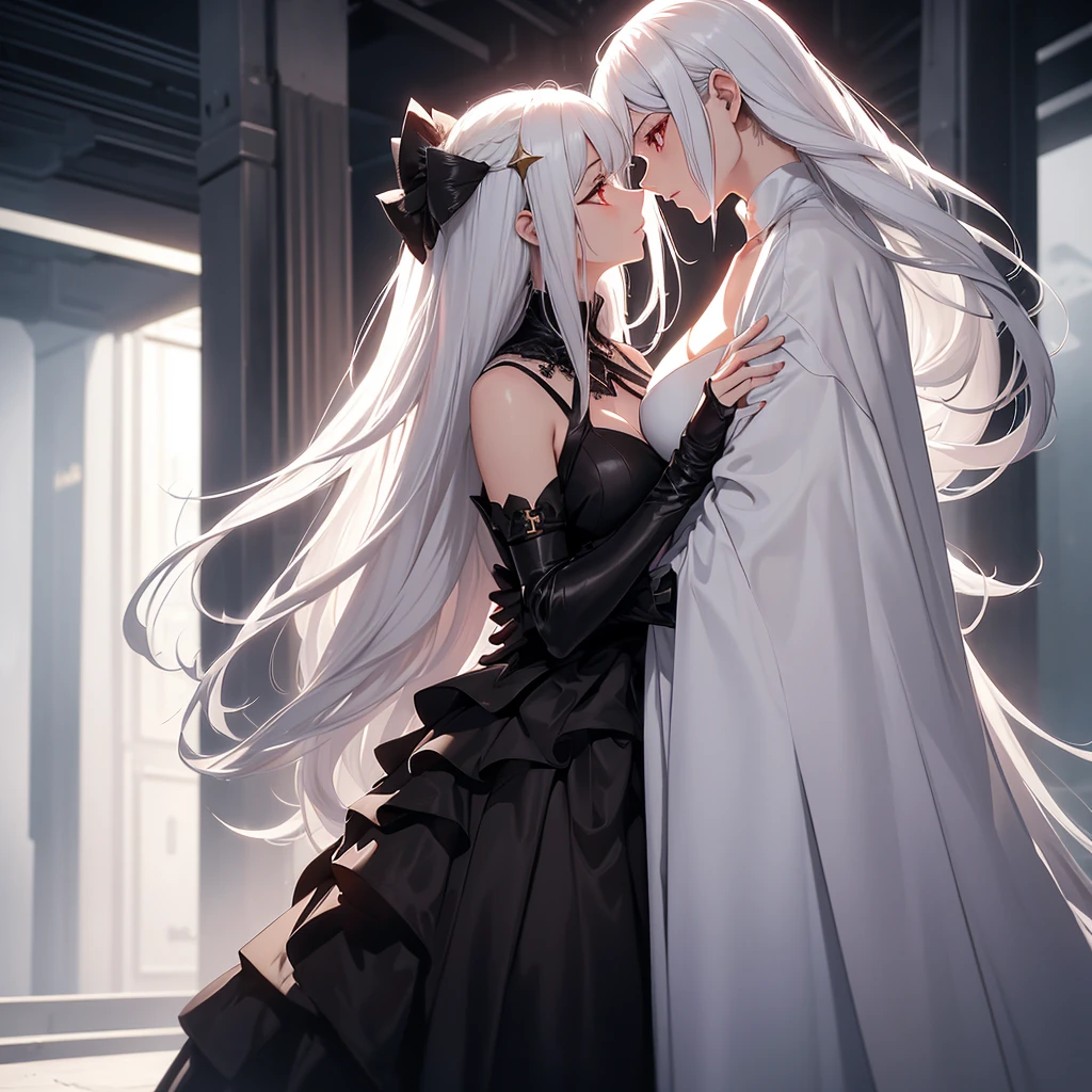 make two characters kiss: a girl with long white hair and red eyes, black dress with low neckline and a man taller than her, short white hair and golden eyes, both in futuristic clothes