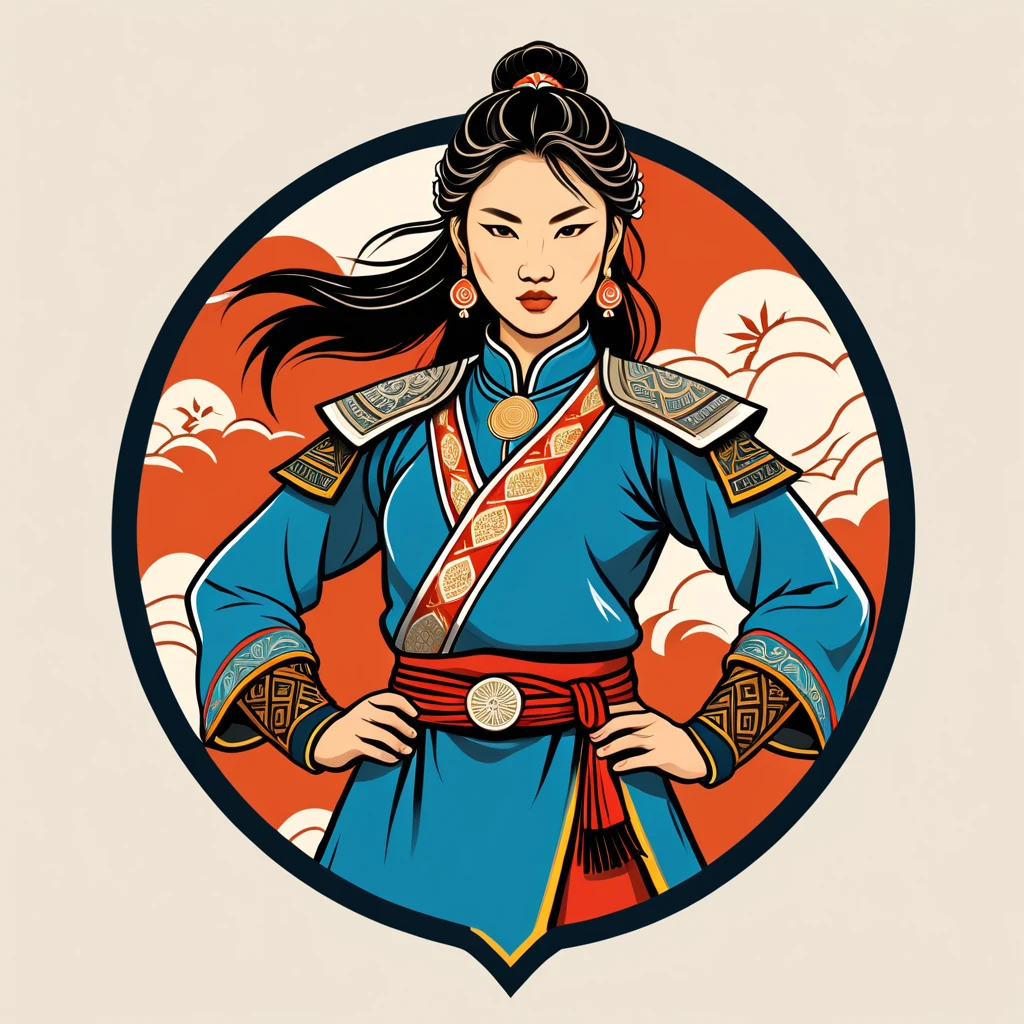 female fighter in mongolian folk outfit, vector graphics, strong contours, logo design
