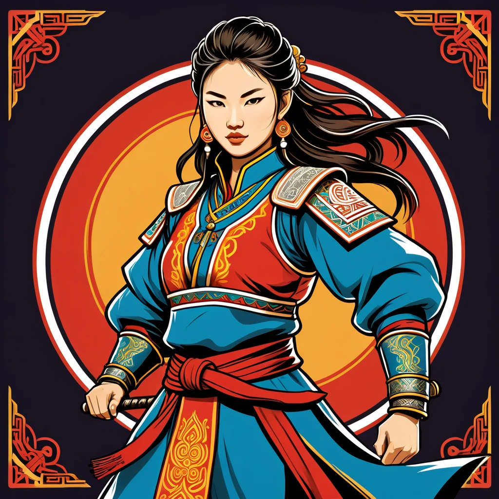 female fighter in mongolian folk outfit, vector graphics, strong contours, logo design