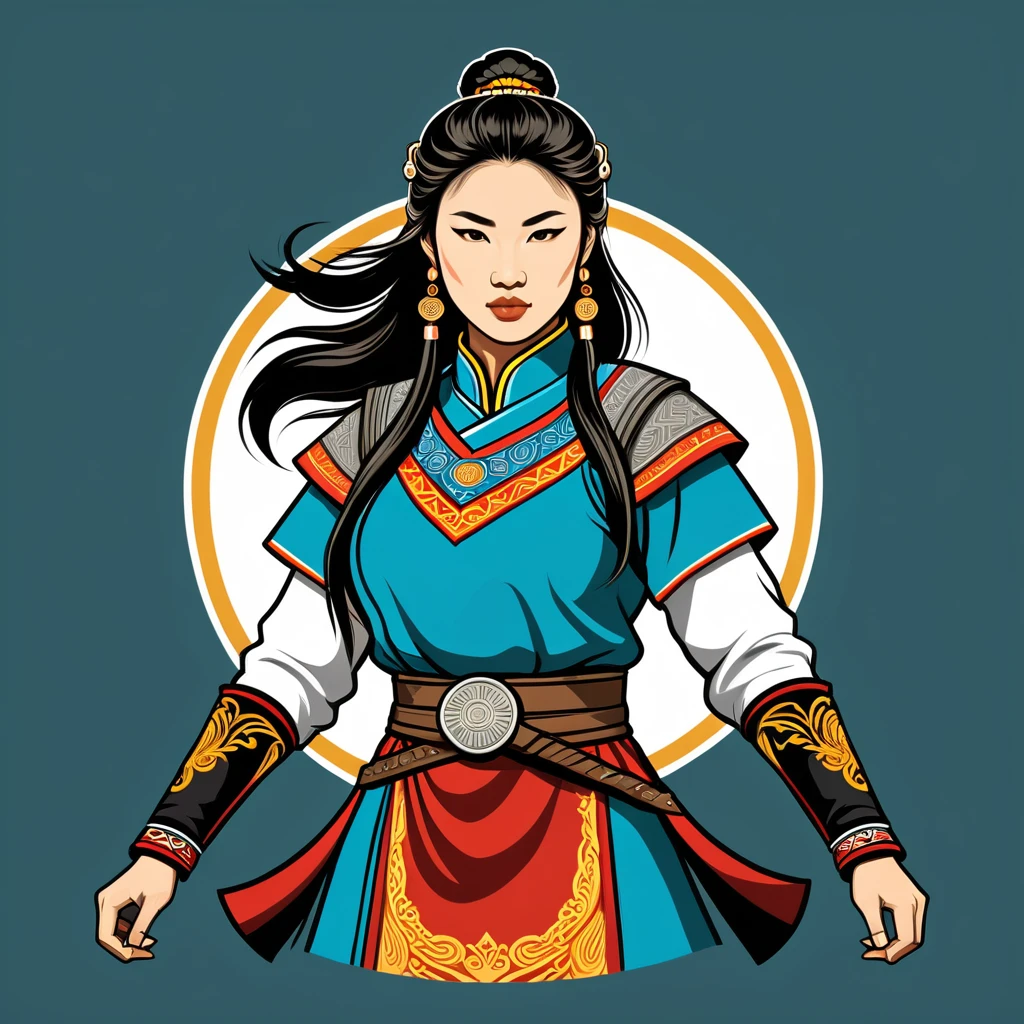 female fighter in mongolian folk outfit, vector graphics, strong contours, logo design