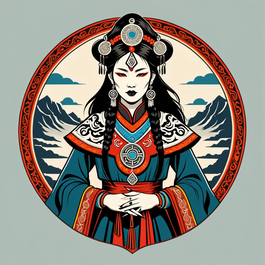 female necromancer in mongolian folk outfit, vector graphics, strong contours, logo design