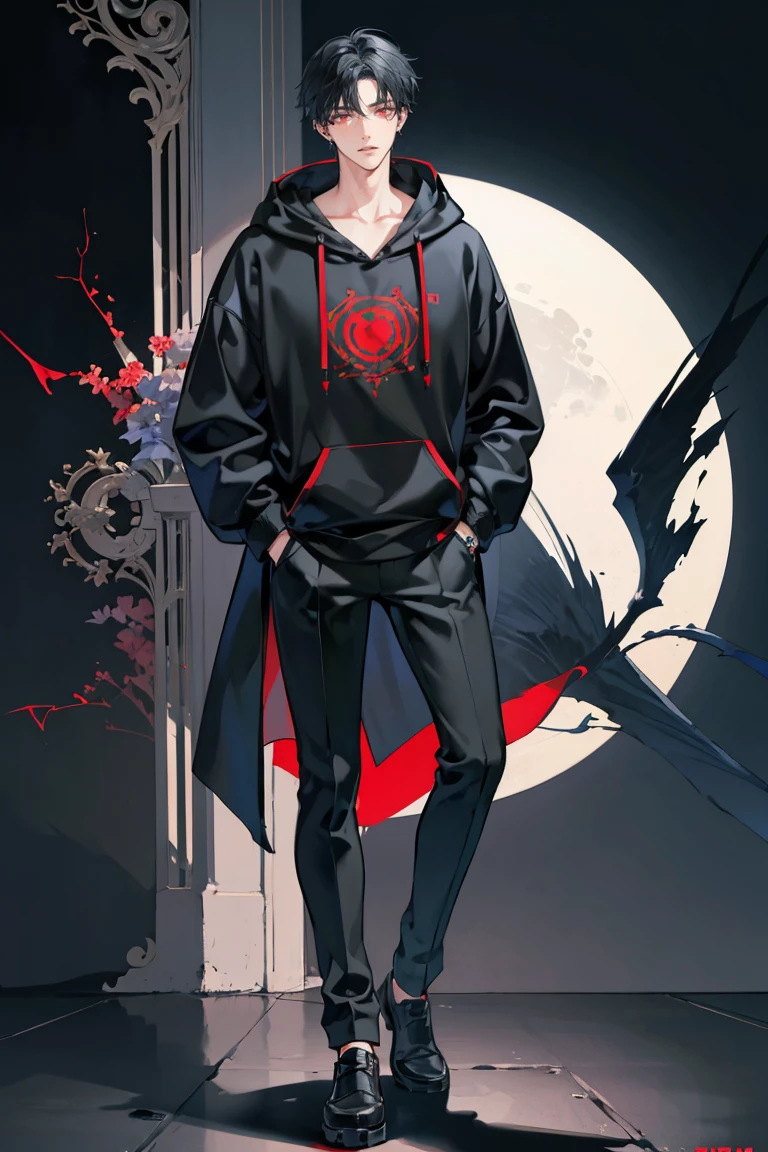 (masterpiece), best quality, seductive eyes, perfect face, handsome man, red eyes, short messy black hair, long nose, black hoodie, black pants, full body, extremely tall man, long legs, long calves, anime cover, 1boy, ear piercings, hands in pockets, adult-like look, the background is a museum