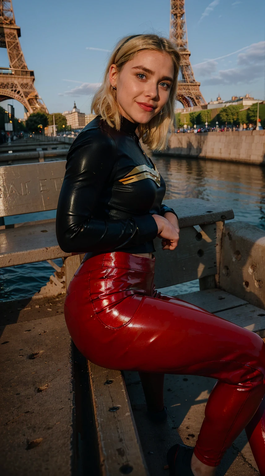 Masterpiece, Best quality, (solo girl), , (photorealistic1.4), (epiCRealLife), (flashphoto), (UHD), (young woman), (blonde hair), (blue eyes), (Wondergirl_YJ latex black armor costume), (Wondergirl_YJ black hairband) (long red Wondergirl_YJ sweat pants), (Wondergirl_YJ black costume) (, (outdoor ), (Paris Street), (Eifel Tower), (red jogging pants), (Kiernan Shipka smile),(sks woman), (from side), (sitting on bench), 